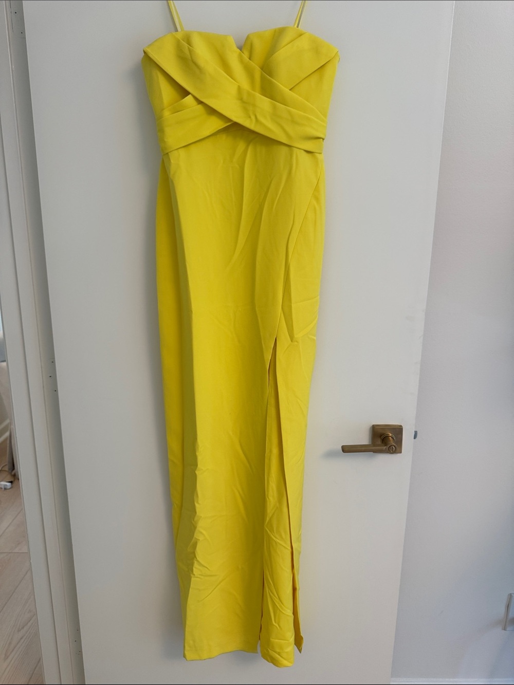 Strapless Yellow Formal Gown with Side Slit Aidan